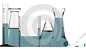 Chemistry laboratory, study and analysis, biology. Containers with liquids, tests and studies