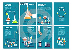 Chemistry laboratory testing. Pharmacy processing and science medical research lab. Vector book covers, brochure