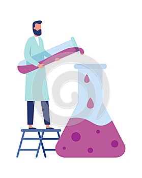 Chemistry laboratory worker. Man in white coat doing clinical science experiments with equipment as tube, flask