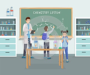 Chemistry lesson flat vector illustration. Cartoon teacher in white coat explaining molecule structure to pupils