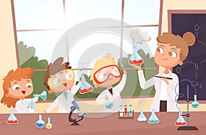 Chemistry lesson. Little science kids boys and girls making researching tests in school lab vector background