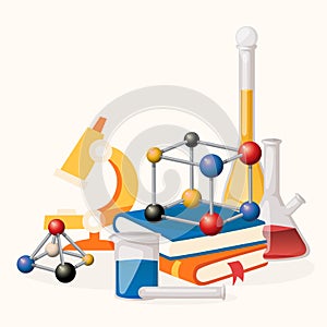 Chemistry lesson supplies banner vector illustration. Laboratory equipment such as microscope, flasks with liquid