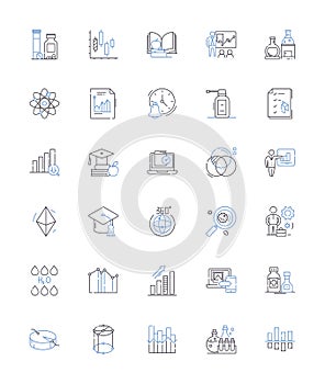Chemistry line icons collection. Atoms, Elements, Molecules, Reactions, Bonding, Acids, Bases vector and linear photo