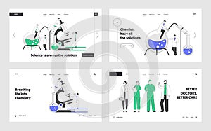 Chemistry and Medicine Website Landing Page Set. Scientists Conducting Experiments in Science Laboratory. Doctors Staff