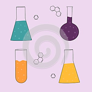 Chemistry. Multicolored chemical flasks. Flat vector illustration