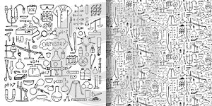 Chemistry objects hand drawn doodle set and seamless pattern