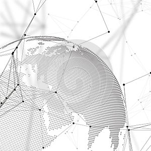 Chemistry pattern, molecule structure, connecting lines and dots. World globe on white background. Global network