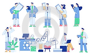 Chemistry with People Scientist Character Conducting Science Experiment in Chemical Laboratory Vector Set