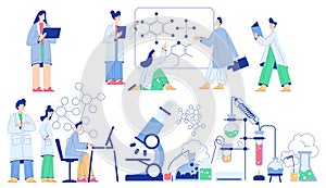 Chemistry with People Scientist Character Conducting Science Experiment in Chemical Laboratory Vector Set