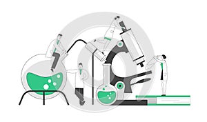 Chemistry, Pharmaceutical Concept. Miniature People Scientists in Chemical Laboratory with Huge Equipment Microscope