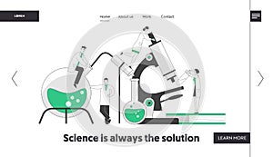 Chemistry, Pharmaceutical Concept Website Landing Page. Scientists in Chemical Laboratory with Microscope