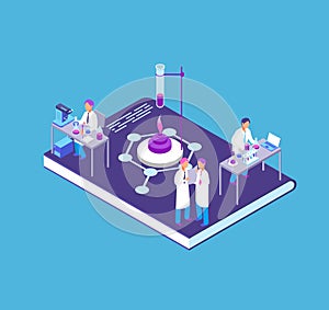 Chemistry, pharmaceutical 3d isometric concept with chemical laboratory equipment and people research scientist vector