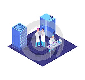 Chemistry, pharmaceutical lab isometric concept with chemical laboratory equipment and biotech vector illustration