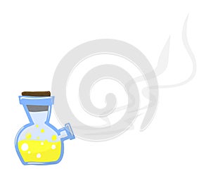 Chemistry reaction. Smoking two neck flask with yellow liquid