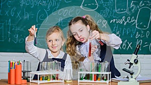 At chemistry school. School children performing experiment in science classroom. Schoolgirls holding test tubes. Science