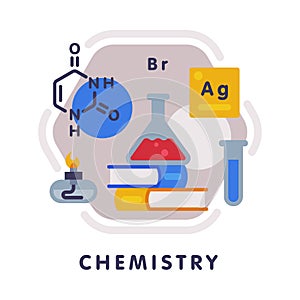 Chemistry School Subject Icon, Education and Science Discipline with Related Elements Flat Style Vector Illustration