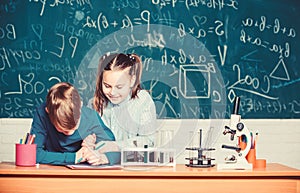 Chemistry science. biology experiments with microscope. Little kids scientist earning chemistry in school lab. Lab