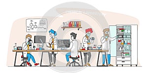 Chemistry Science Concept. Scientists Characters in Chemical Laboratory with Equipment, Computer, Microscope and Flasks