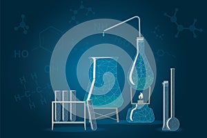 Chemistry science education concept with laboratory glassware illustration and blue background with formulas