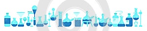 Chemistry science horizontal banner. Blue chemicals. Laboratory research. Medical tests.