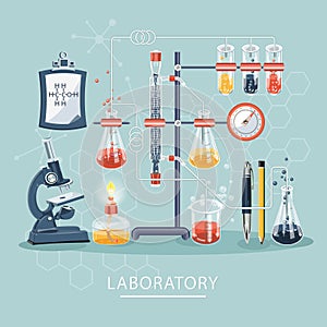 Chemistry and science infographic. Science Laboratory. Chemistry icons background for biology and medical research posters