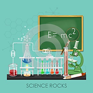 Chemistry and science infographic. Science rocks. Chemistry icons background for biology and medical research posters