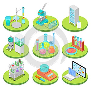 Chemistry Science Lab Isometric. Pharmaceutics, Research Experiment, Chemical Technology