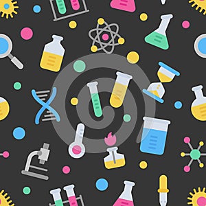 Chemistry science laboratory colorful vector seamless pattern on dark background