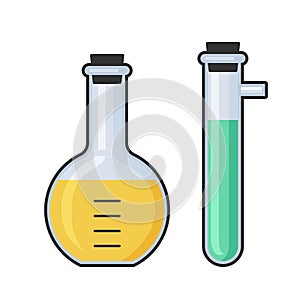 Chemistry science laboratory test glass tube and flask vector icon set