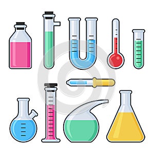 Chemistry science laboratory test glass tube and flask vector set