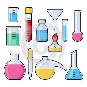 Chemistry science laboratory test glass tube and flask vector set