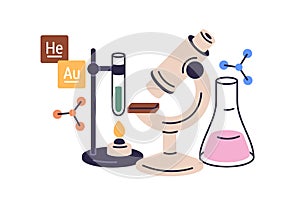 Chemistry science study concept. Chemical lab research, laboratory experiment. Microscope, test tube, glass flask