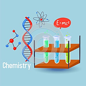 Chemistry science vector illustration. Design elements of chemical flask beakers, DNA molecules, atoms, chemic formula