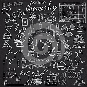 Chemistry and sciense elements doodles icons set. Hand drawn sketch with microscope, formulas, experiments equpment, analysis tool