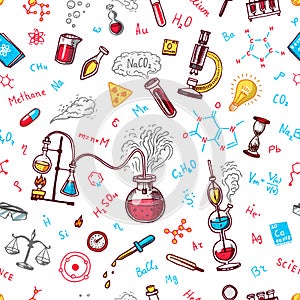Chemistry seamless pattern. Chalkboard with elements, formulas, atom, test-tube and laboratory equipment. laboratory