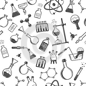 Chemistry seamless pattern with formulas and laboratory equipment. Science background