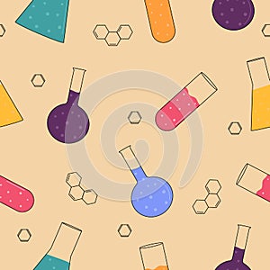 Chemistry seamless pattern. Multicolored chemical flasks on a beige background