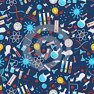 Chemistry seamless pattern, vector illustration. Laboratory research icons in flat style, chemical glassware emblems