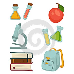 Chemistry specialized students belongings isolated illustrations set