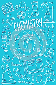 Chemistry symbols icon set. Science subject doodle design. Education and study concept. Back to school sketchy