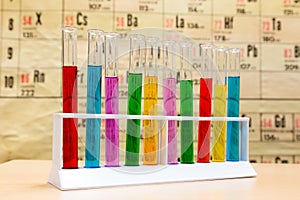 Chemistry test tubes with different colored liquids