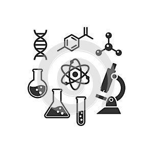 Chemistry vector icon set. Black isolated laboratory science icons.