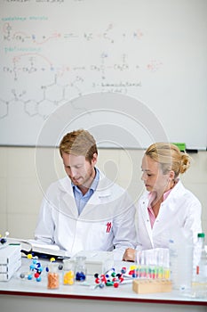 Chemists preparing lecture in the classroom