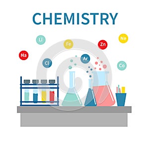 Chemists scientists equipment. Flat design workspace concept. Chemistry infographic icons. Laboratory lab with alembic vial