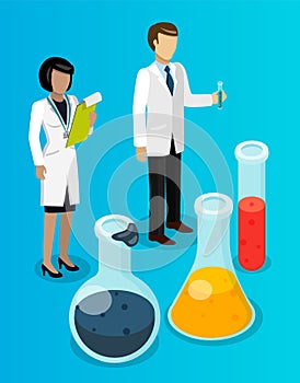 Chemists woman and man with test tubes. Large vessels and flasks with liquids. Chemical oil refining