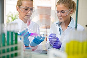 Chemists working with glassware in lab