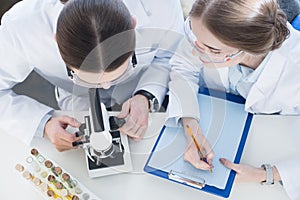 Chemists working with microscope