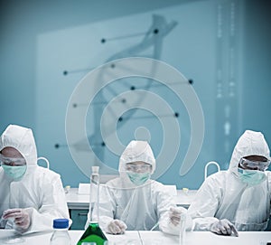 Chemists working in protective suit with futuristic interface showing DNA diagram