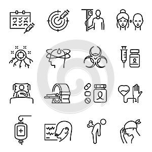 Chemotherapy linear icon set vector illustration. Collection medicines cancer treatment procedure