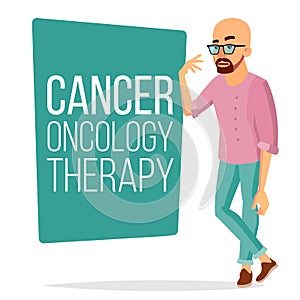 Chemotherapy Patient Man Vector. Sick Male With Cancer. Medical Oncology Therapy Concept. Treatment. Hairless